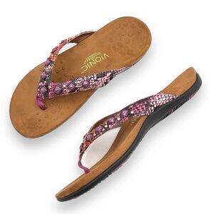 Vionic Floriana Thong Sandals Pink & Purple Jeweled Snake Print Flip Flop Size 7